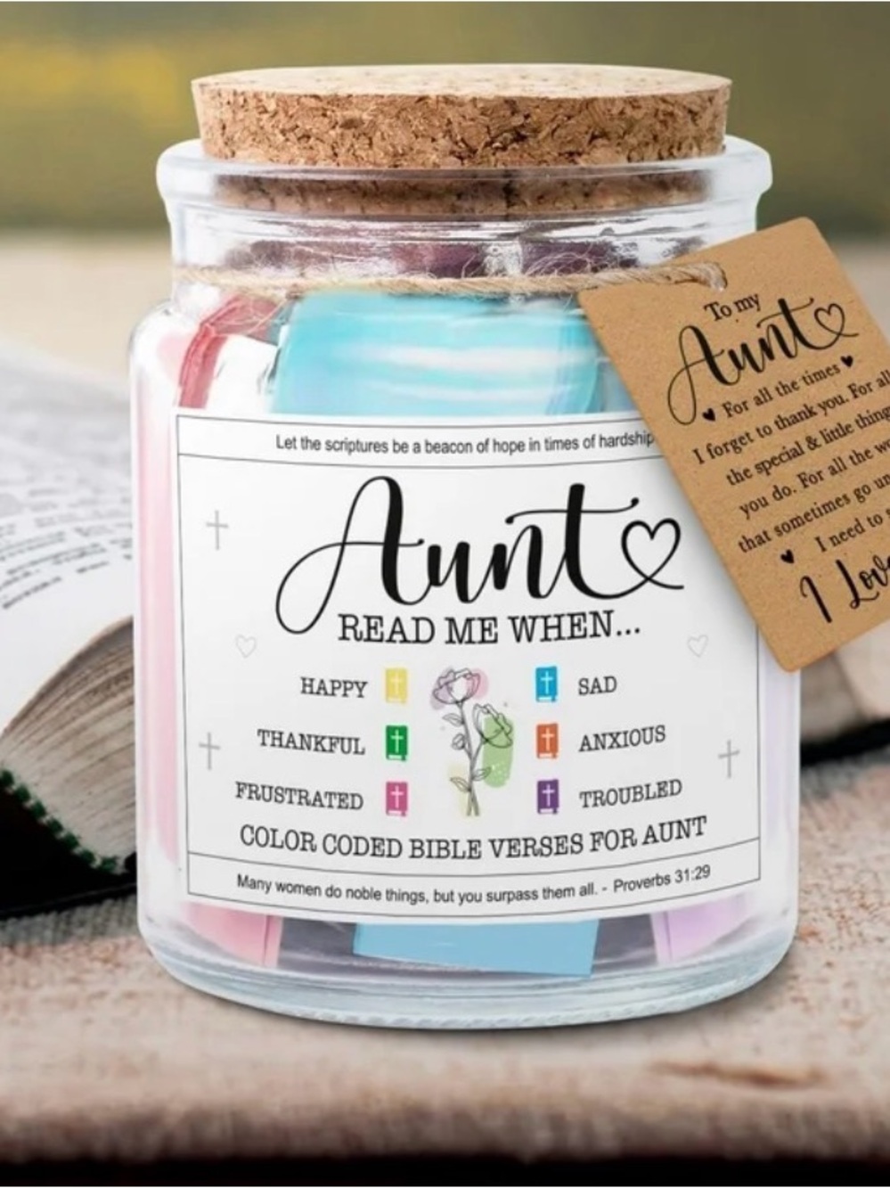 Aunt Read Me When... Inspirational Scripture Jar with Colorful Tabs - Picture 4 of 8